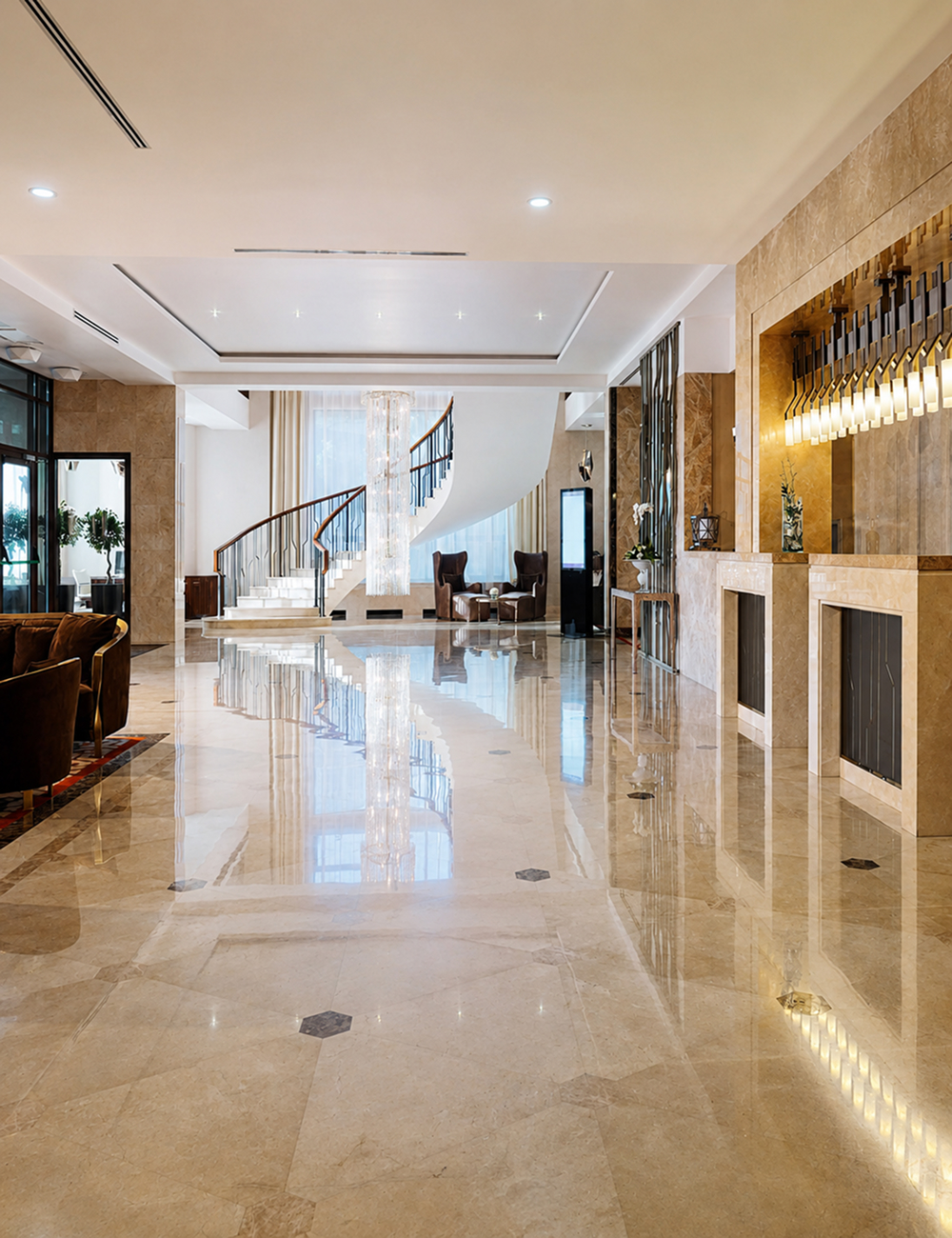 Холл Grand Autograph Hotel Novosibirsk с лестницей и люстрой
